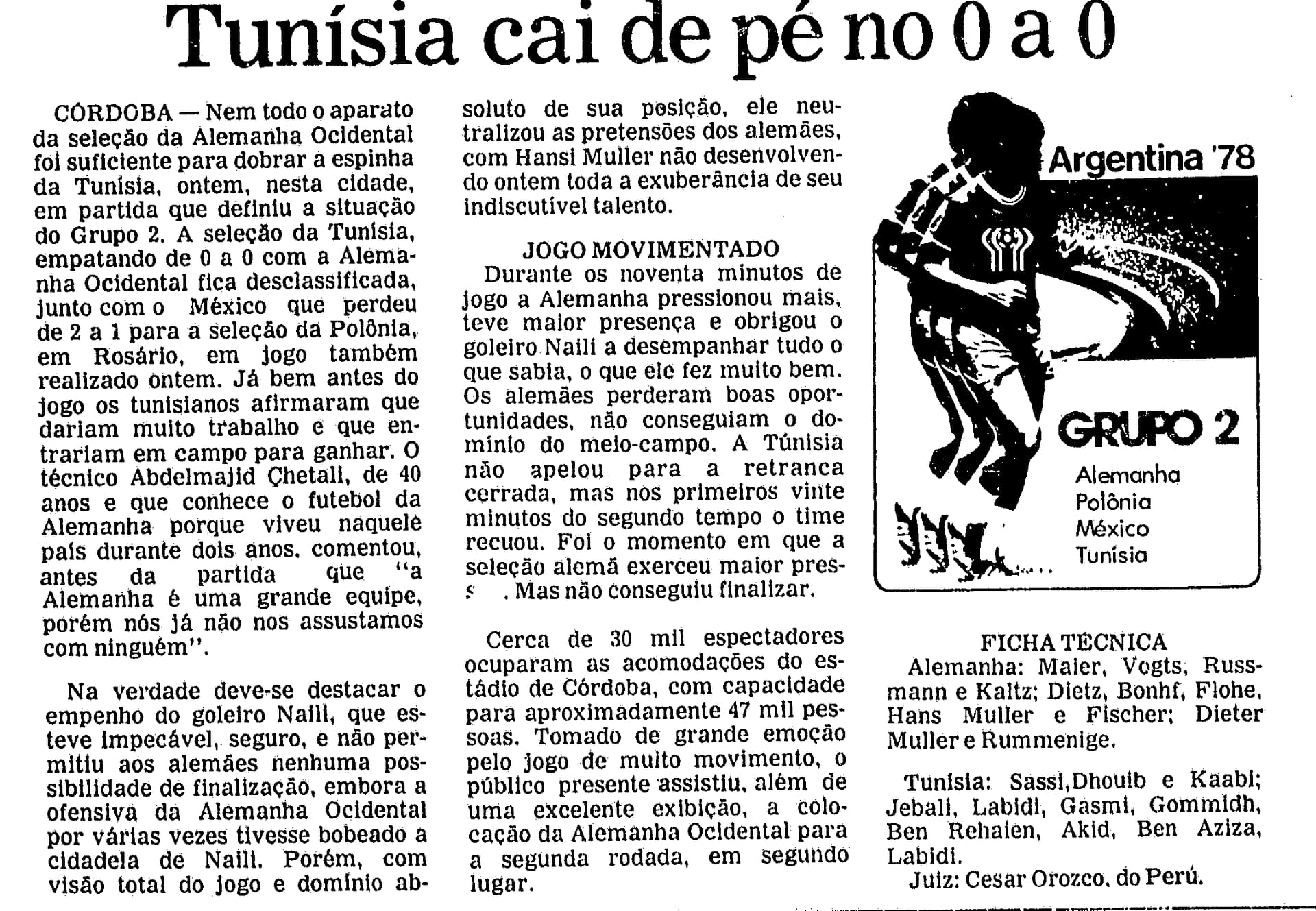 Folha de São Paulo Tunísia Alemanha Ocidental 1978