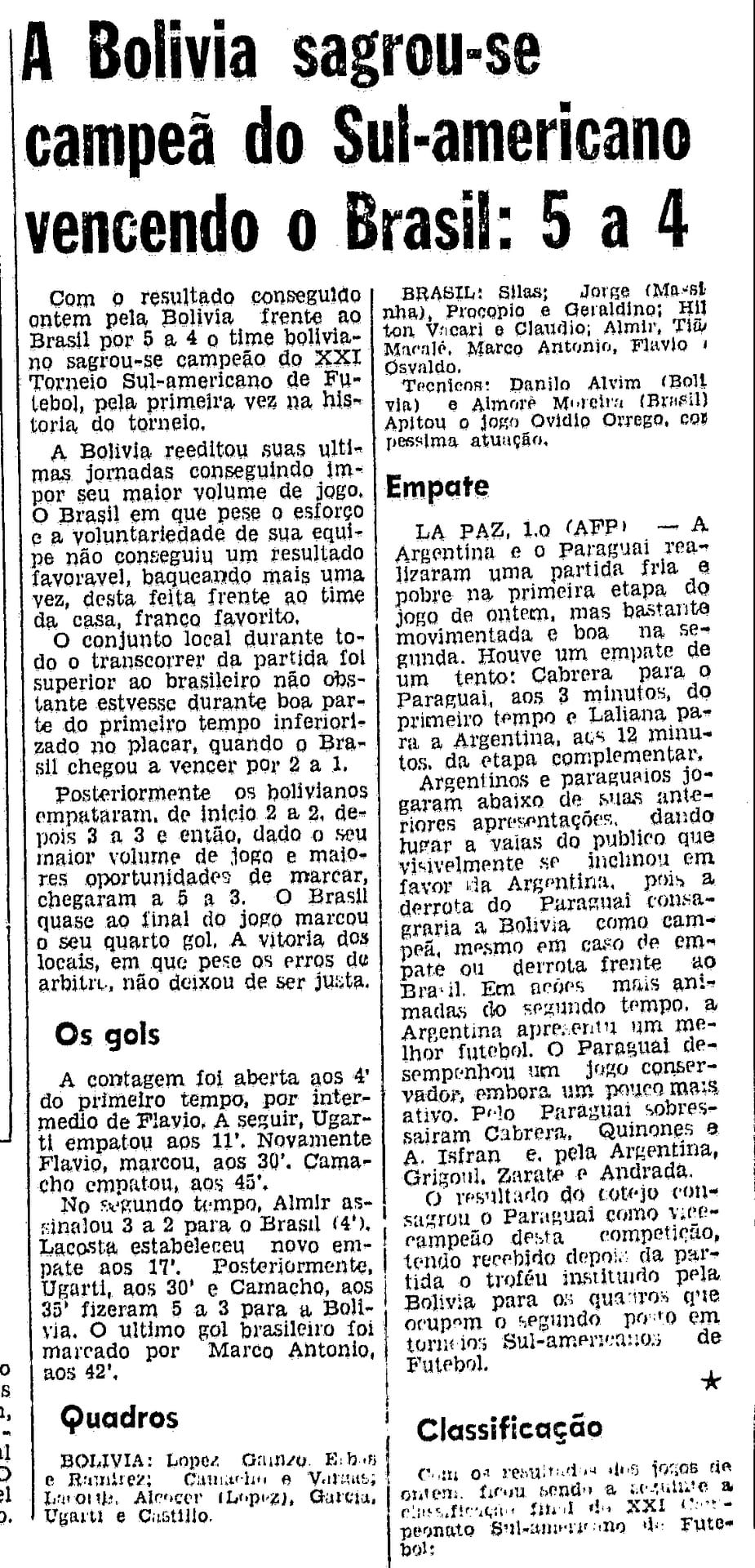 Bolívia 5-4 Brasil Folha de São Paulo