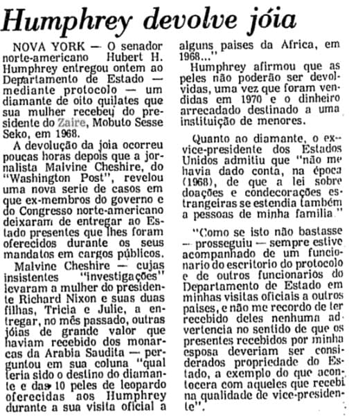 Folha Mobutu devolução joia washington post